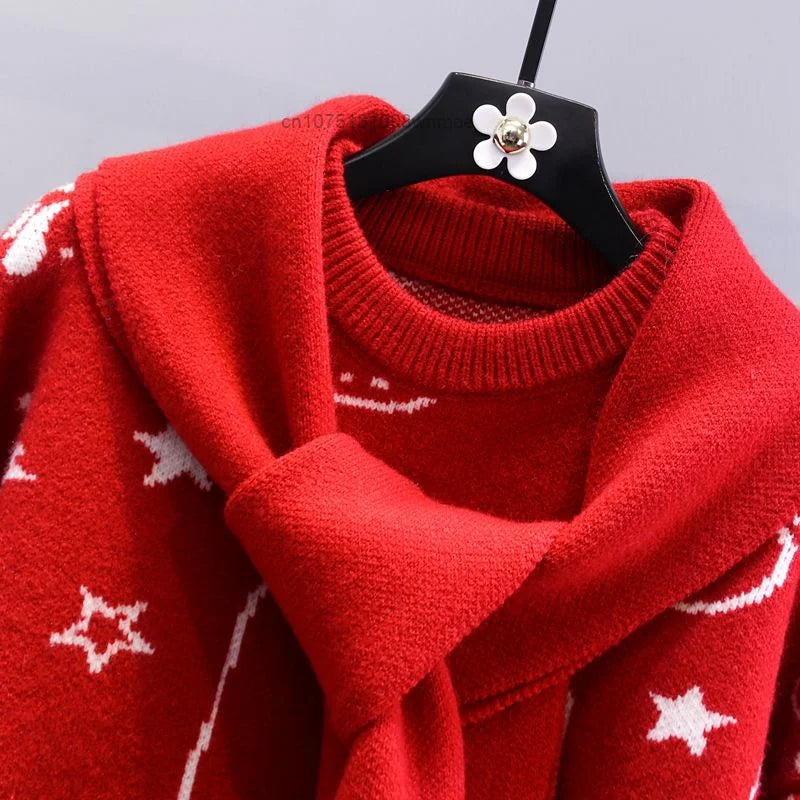 Kerst Hello Kitty schattige gebreide trui met sjaal voor vrouwen Y2k