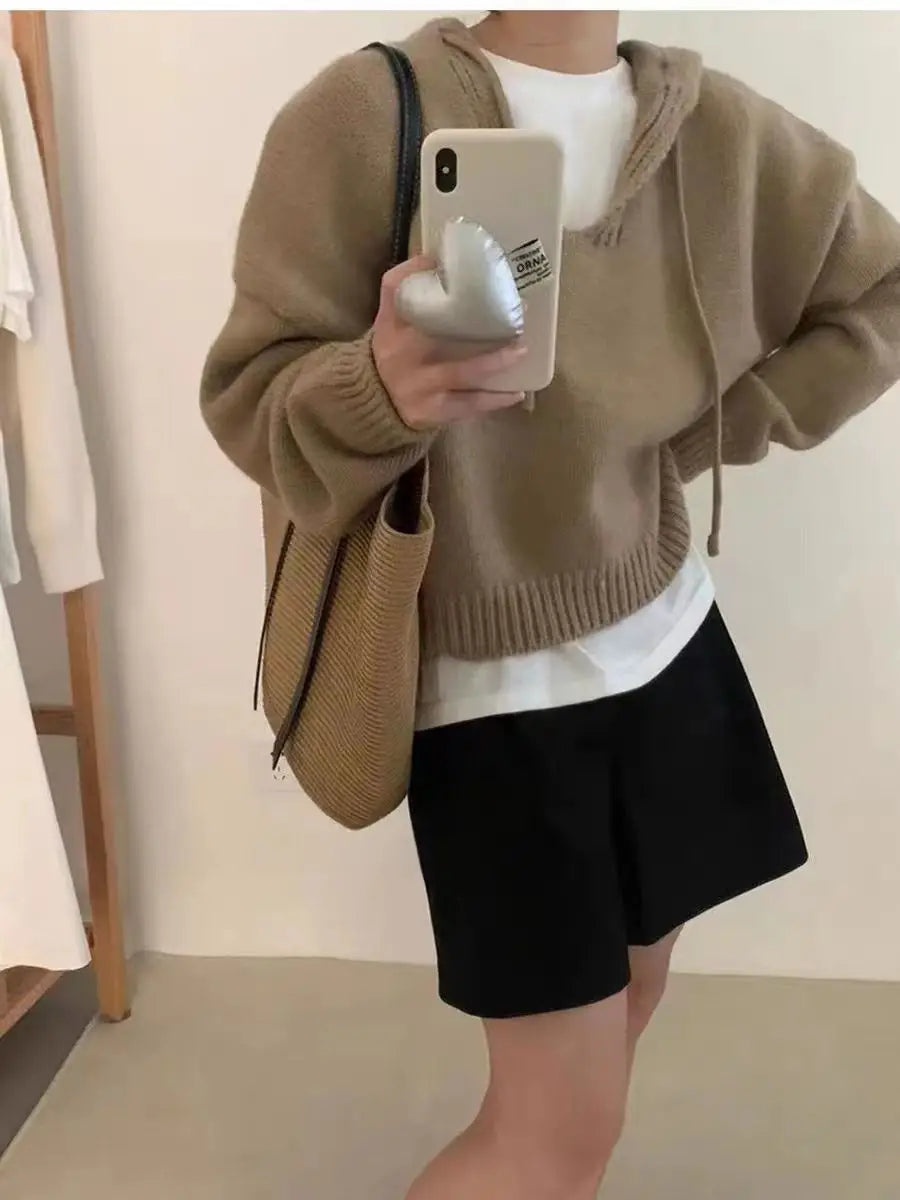 Koreaanse gebreide hoodie met capuchon, effen kleur, zachte en losse bedekking