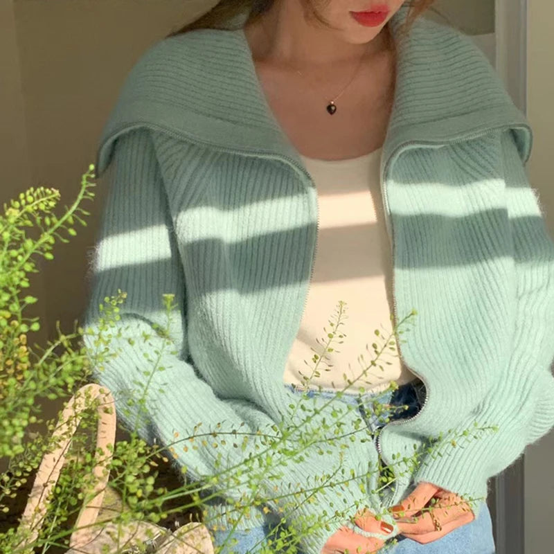 Heliar Dames Rits Cardigan Trui Omslagkraag Effen Gebreid Los Casual