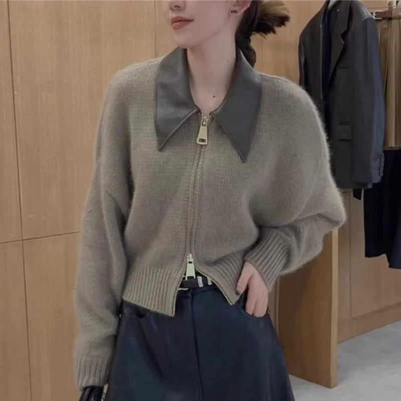 Dubbele ritsen gebreide cardigan dames chique patchwork korte trui tops vrouw