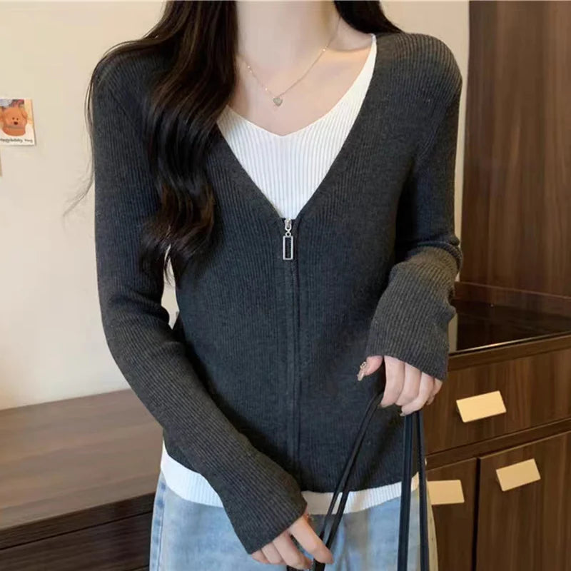 Mode valse tweedelige trui dames lente herfst mix kleur V-hals gebreid