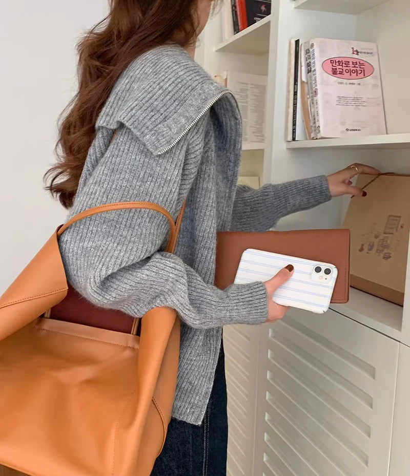 Heliar Dames Rits Cardigan Trui Omslagkraag Effen Gebreid Los Casual