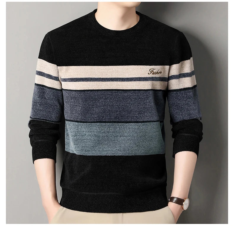 Mens Chenille Sweaters Fashion Knitting Pullover Striped Men s Autumn Winter Top Clothes Round