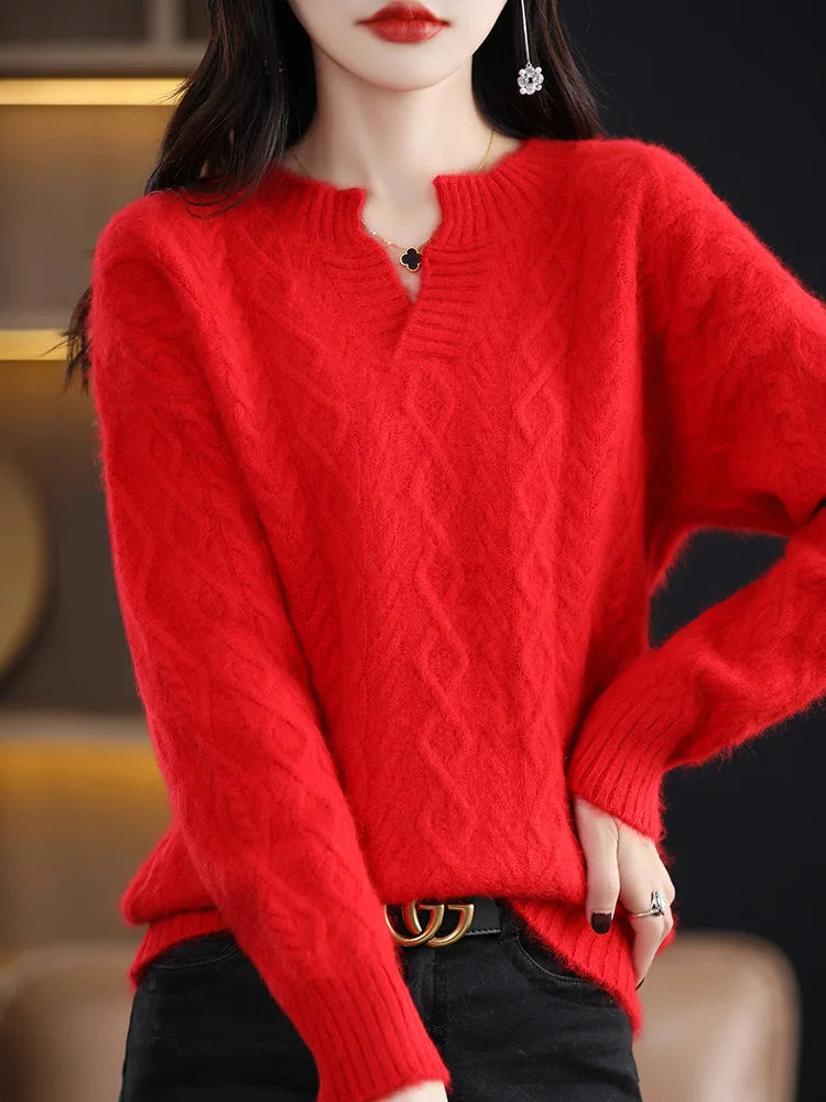 Pure Mink Cashmere Trui Dames V-hals Dikke Brei Trui Mode Jacquard
