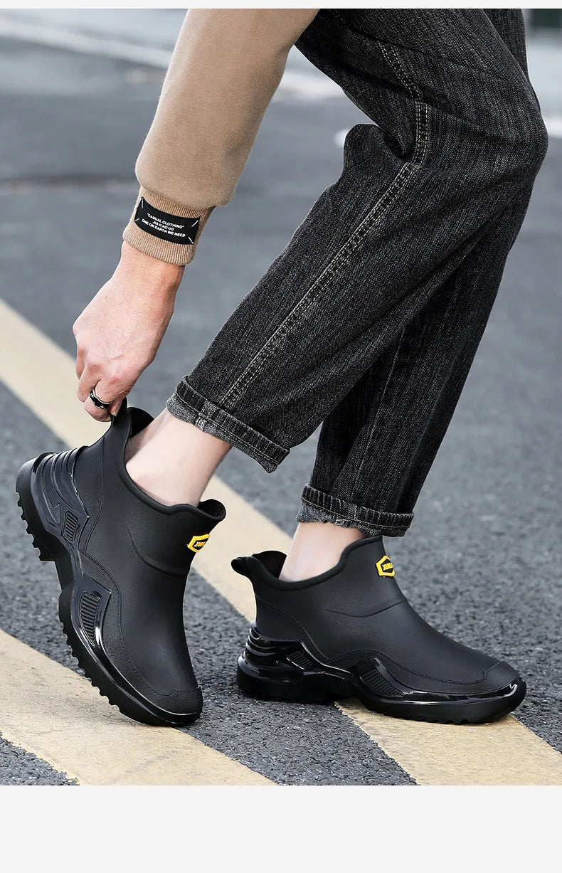 Korean Style Short Sporty Rain Boots Thickened Wide Comfortable Men s Slip On Water Shoes Anti