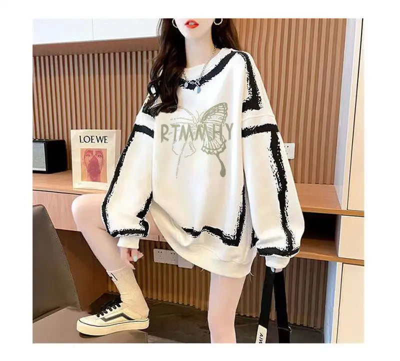 Dameskleding Koreaanse vlinderprint streetwear Y2K sweatshirt casual oversized tuniek hoodie O