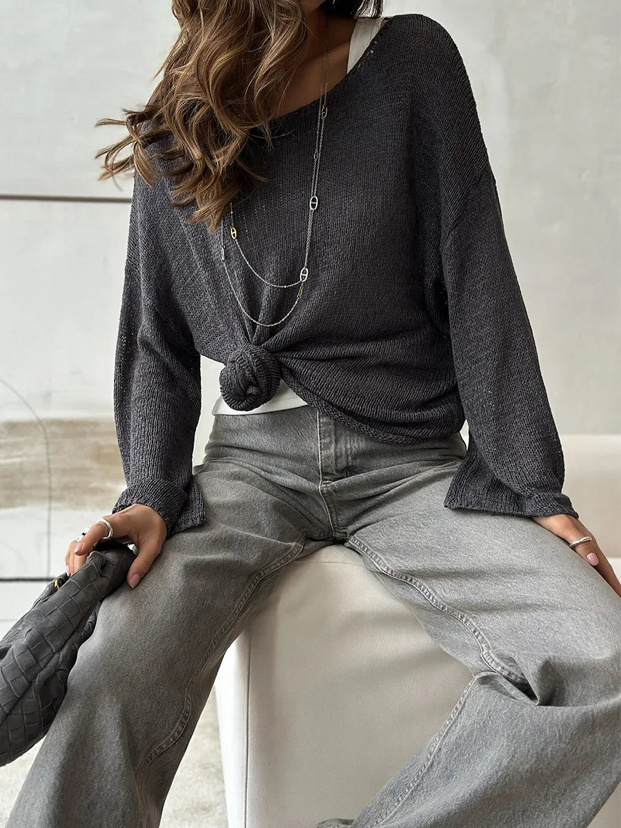 Bornladies Simple Solid Color Long Sleeved Sweater Women s Spring Knitted Hollow