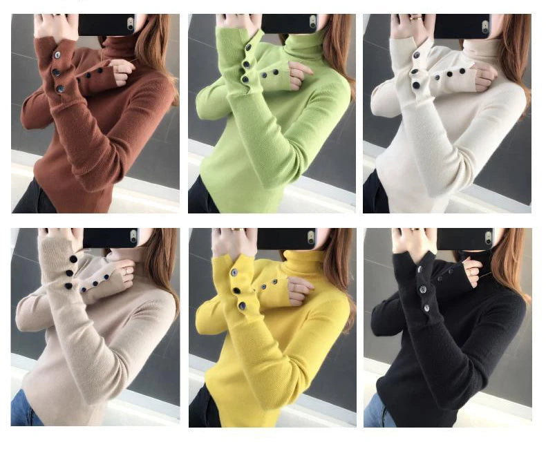Heliar Dames Turtleneck Knopen Effen Warme Trui Lange Mouw Gebreid Basic