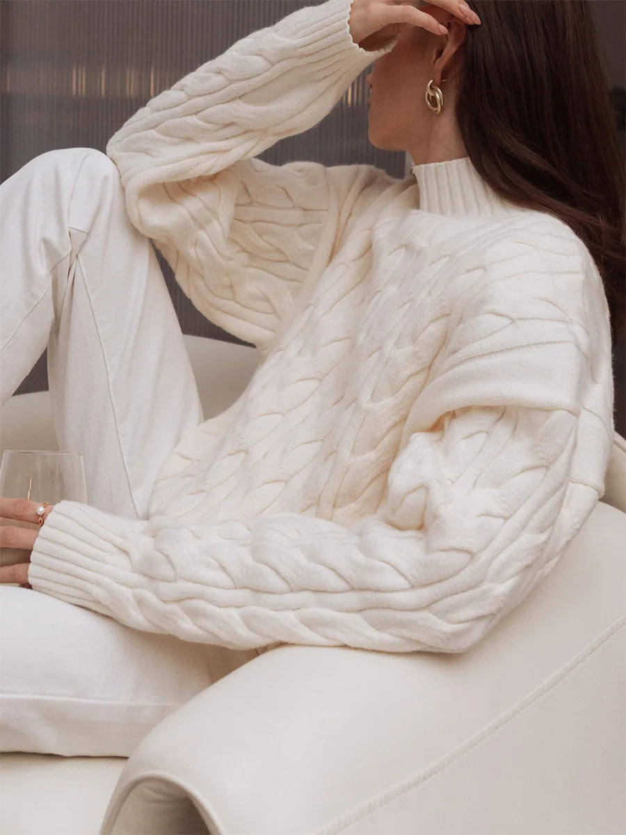 Bornladies Dames Turtleneck Kabeltrui Lazy Loose Fit Lange Mouw