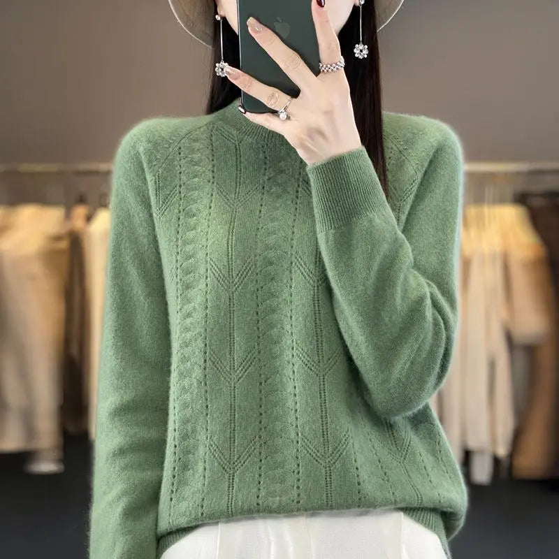 Women Stylish Simple Hollow Soft Cashmere Basic Knitted Sweater Solid O Neck Long Sleeve Loose