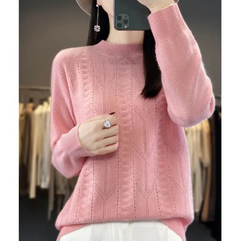 Women Stylish Simple Hollow Soft Cashmere Basic Knitted Sweater Solid O Neck Long Sleeve Loose