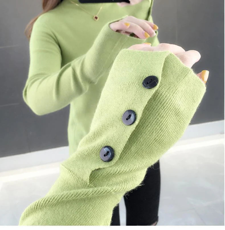 Heliar Dames Turtleneck Knopen Effen Warme Trui Lange Mouw Gebreid Basic