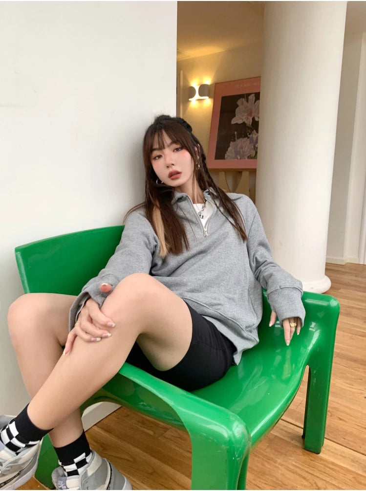 Herfst Winter BM Collar Polo Hoodie met rits voor dames met dikke fluweel en losse capuchon