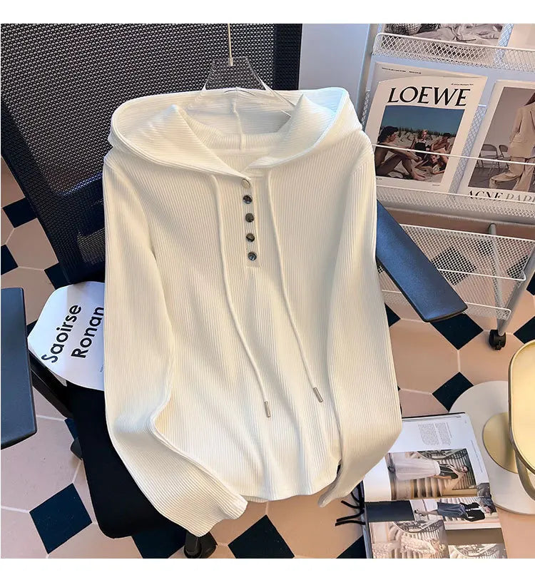 Uniek geknoopt T-shirt met capuchon voor dames, lente/herfst, onregelmatige korte mouwen, lange mouwen, basislaag