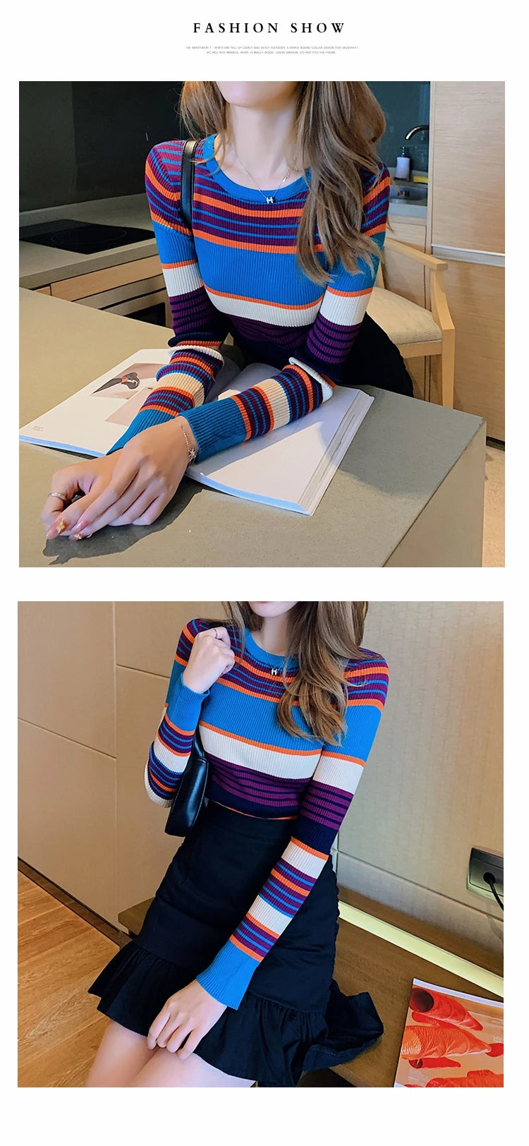 Autumn Winter Contrast Color Striped Sueters De Mujer Knitted Slim Long Sleeve