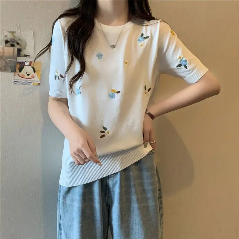 IJszijde Temperament Top voor Dames Trui Zomer Schouder Korte mouwen T-shirt