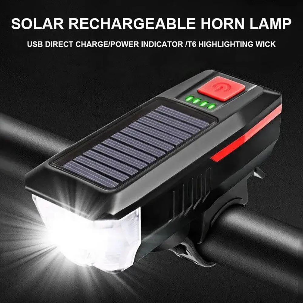 3 standen zonne-fiets koplamp met hoorn, USB oplaadbaar, LED berg