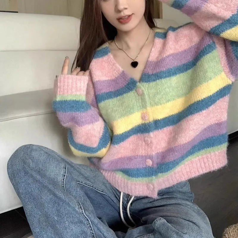 Chic regenboog gestreepte cardigan voor dames, losse enkelrijs gebreide cardigan voor dames