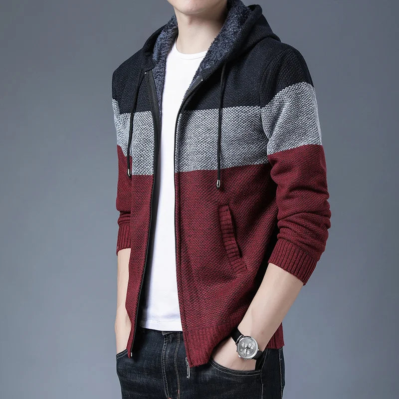 Men s Casual High Neck Long Sleeve Knitted Hoodie Coat Velvet Warmth Autumn Winter Fashion Multi