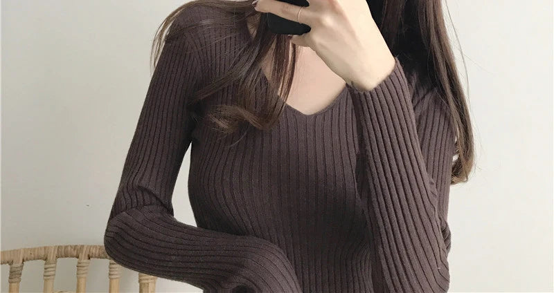 Heliar Dames V-hals Slim Sexy Trui Gebreid Lange Mouw Effen Onderkant Trui