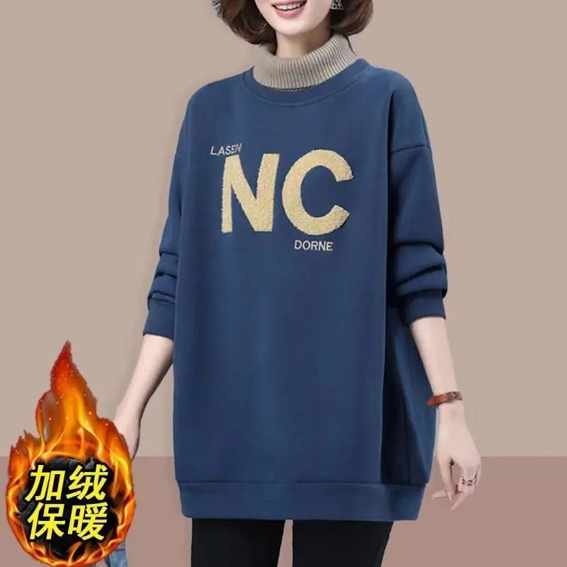 Herfst- en winterse effen coltrui met lange mouwen voor dames met letter plus