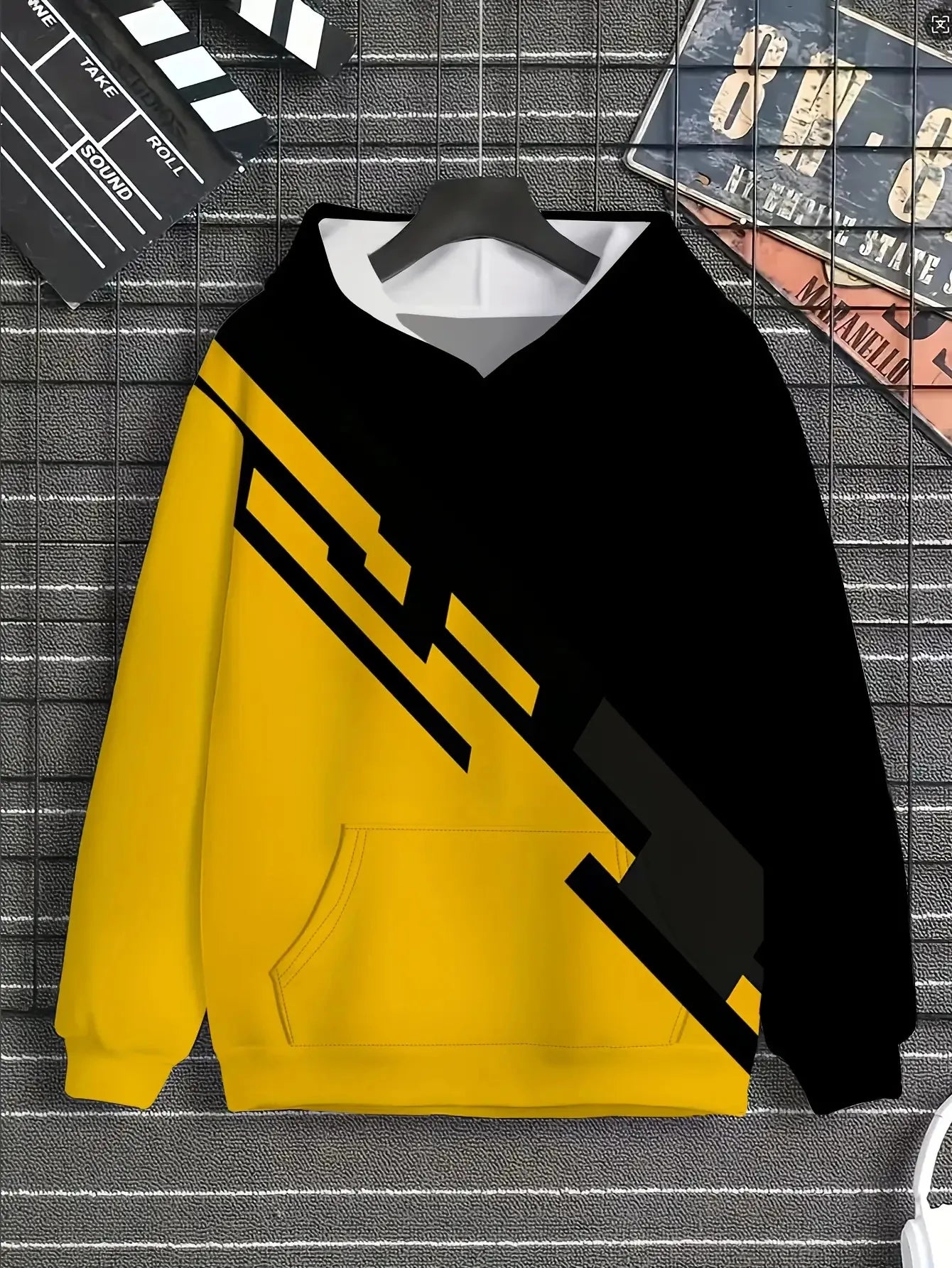 Men s Stylish Color Blocked Hooded Sweatshirt Trendy Black & Yellow Sportswear for Fall Spring