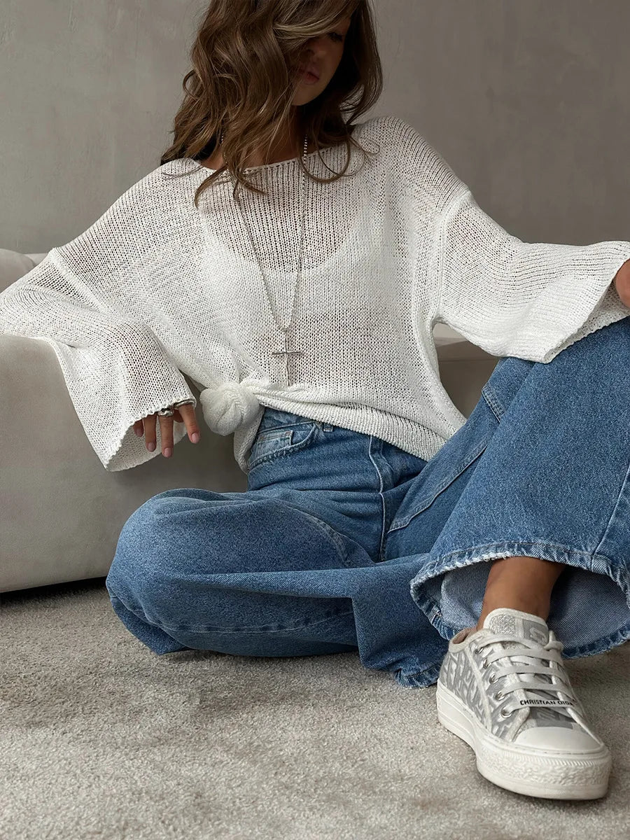 Bornladies Simple Solid Color Long Sleeved Sweater Women s Spring Knitted Hollow