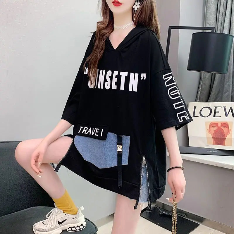 Zomer Harajuku Y2K Hooded Schouder Mouw V-hals T-shirts Dames Mode Letter