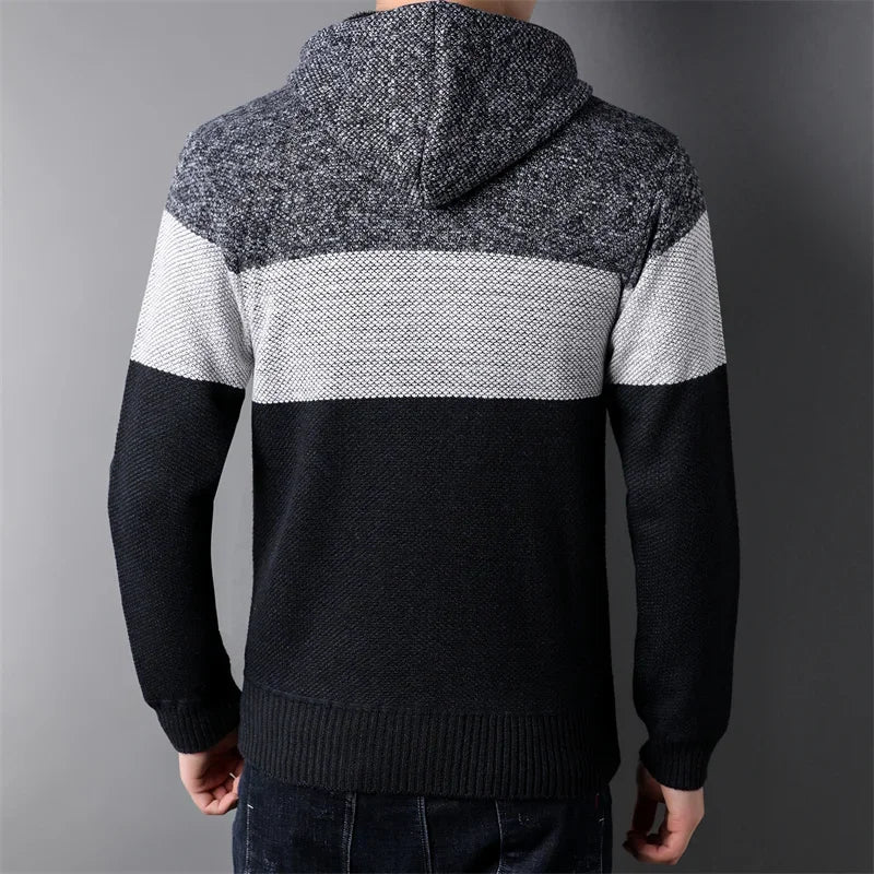 Men s Casual High Neck Long Sleeve Knitted Hoodie Coat Velvet Warmth Autumn Winter Fashion Multi