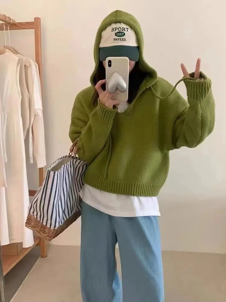 Koreaanse gebreide hoodie met capuchon, effen kleur, zachte en losse bedekking