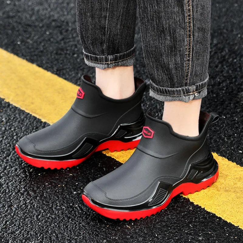 Korean Style Short Sporty Rain Boots Thickened Wide Comfortable Men s Slip On Water Shoes Anti