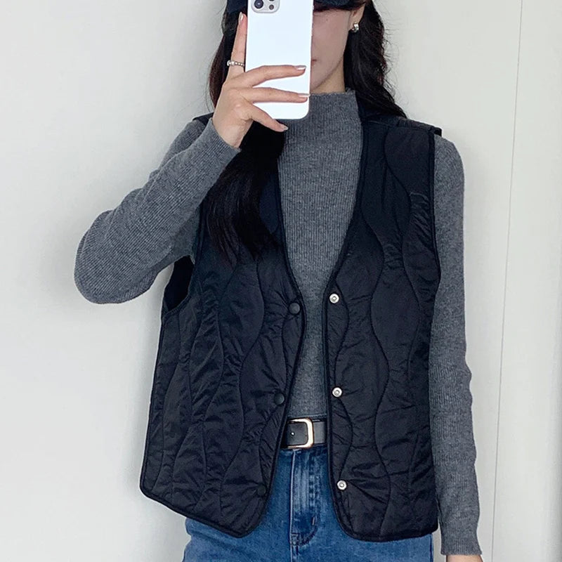 Lichtgewicht katoenen vestjas voor dames, Koreaanse V-hals, warm, mouwloos