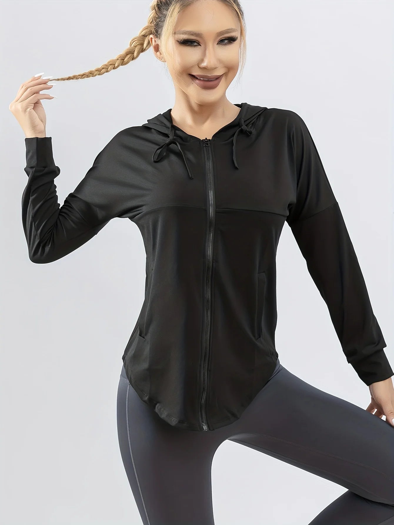Sportjas met capuchon voor dames, los hardloopjack, grote maat, fitnesskleding, sneldrogend