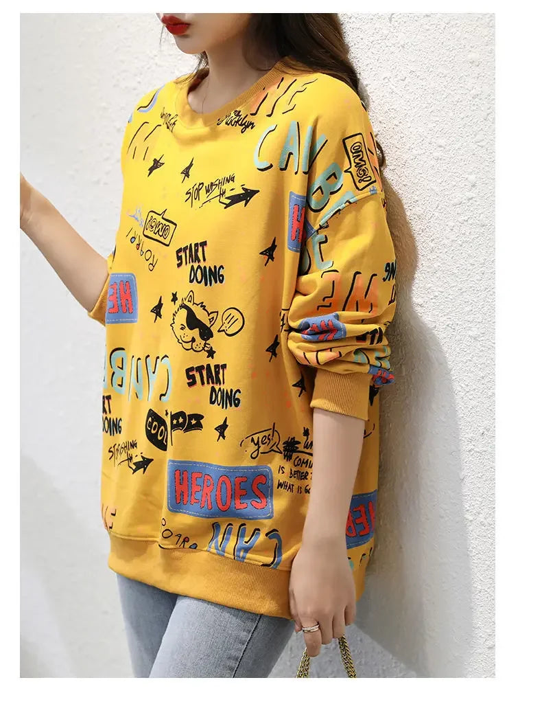Classic Fashion Printing Letter Sweatshirts Women Long Sleeve Loose O collar Slim Casual All match