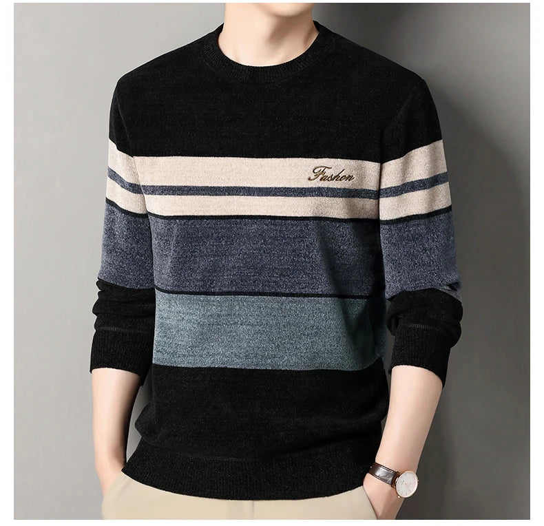 Mens Chenille Sweaters Fashion Knitting Pullover Striped Men s Autumn Winter Top Clothes Round