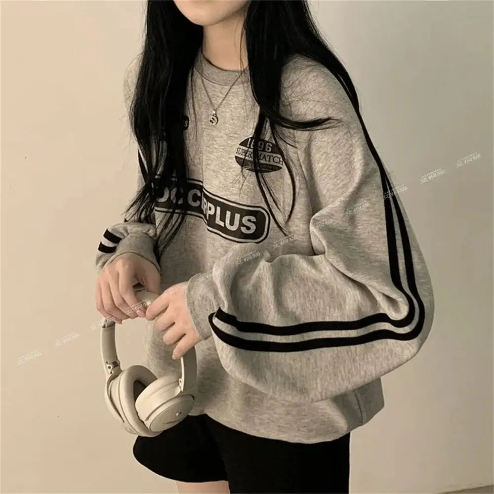 American Thin Round Neck Sweatshirt Women in Spring Autumn Korean Loose Versatile Top