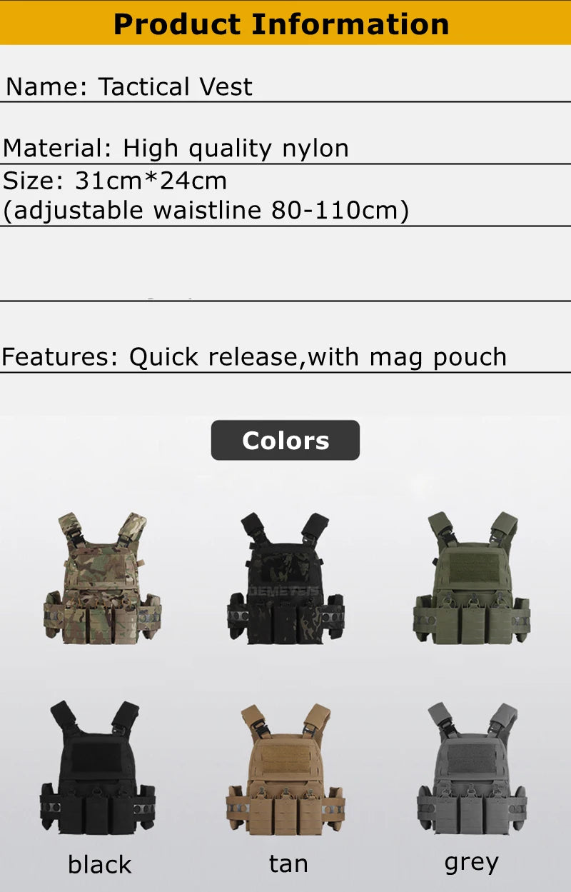 Tactical Vest Airsoft Plate Carrier Military Training Modular Molle System with Triple Magazine