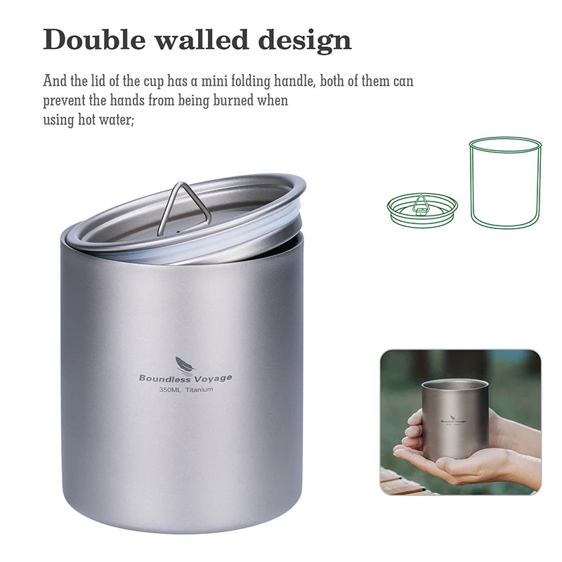 Boundless Voyage 350ml Titanium Cup with Lid Double Walled Mug Tea Coffee
