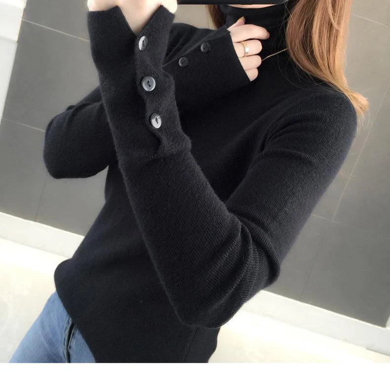 Heliar Dames Turtleneck Knopen Effen Warme Trui Lange Mouw Gebreid Basic