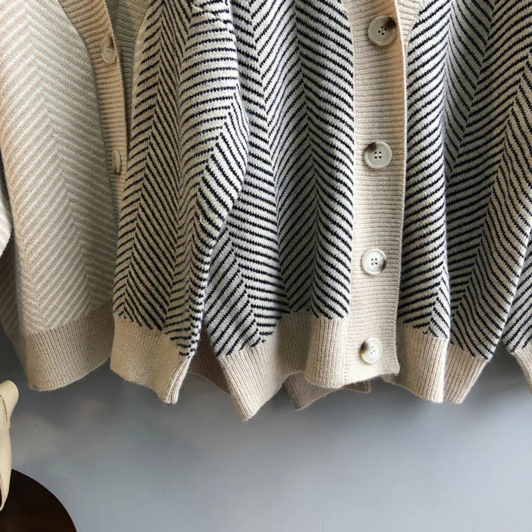 Bornladies Dames Trui Herfst Winter V-hals Gestreept Losvallend Cardigan