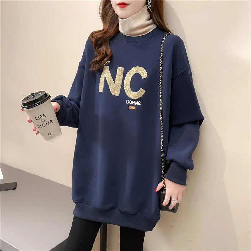 Autumn Winter High Collar Long Sleeve Fleece Thick Oversize Streetwear Female Sweatshirt Fake 2