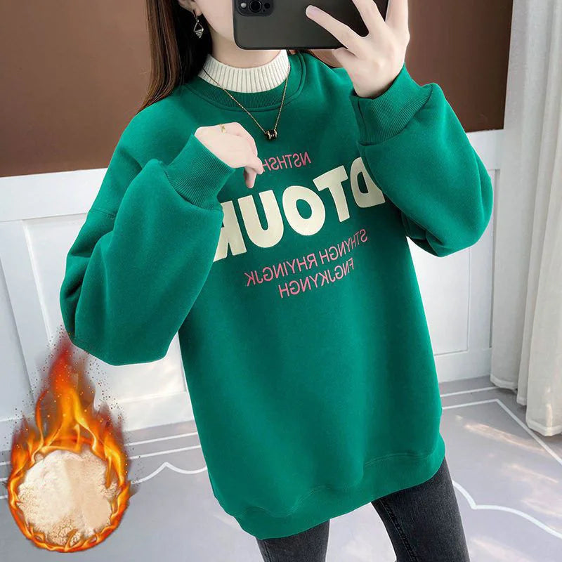 Dames Winter Koreaanse Letter Gedrukt Halfhoge Kraag Dikke Warme Streetwear Sweatshirt Vrouwelijke Casual