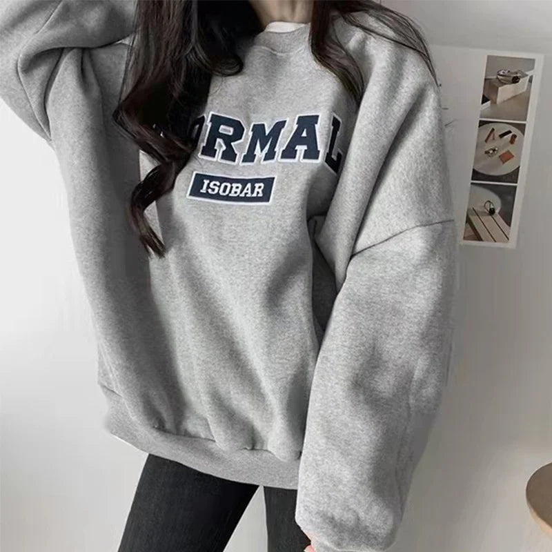 Grijze ronde hals dikke sweatshirts voor dames Losse letterprint truien voor