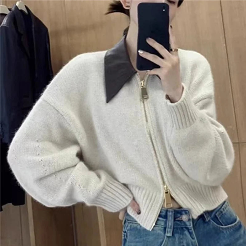 Dubbele ritsen gebreide cardigan dames chique patchwork korte trui tops vrouw