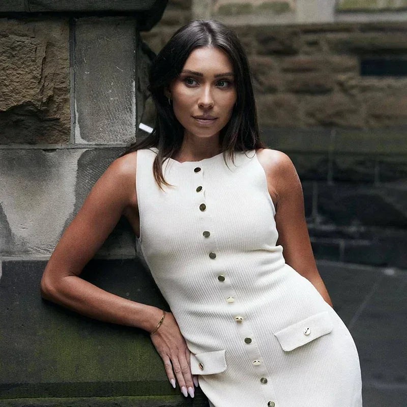 Elegante mouwloze enkelrijs geribbelde truien lange jurk voor dames hoog