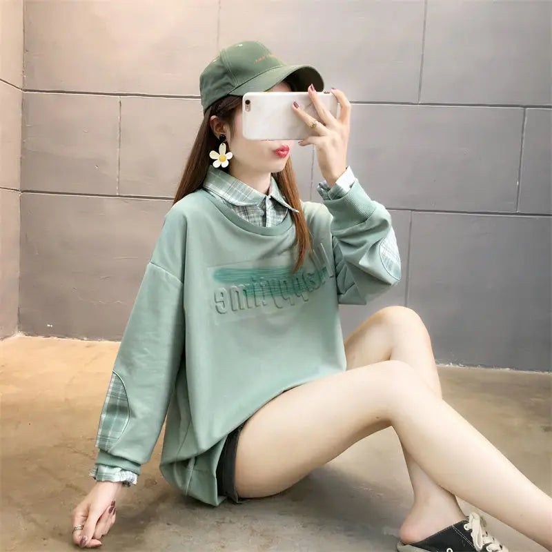 Fake Two Hoodies voor vrouwelijke studenten Koreaans ontwerp Patchwork Dun Lange mouwen Los Veelzijdig