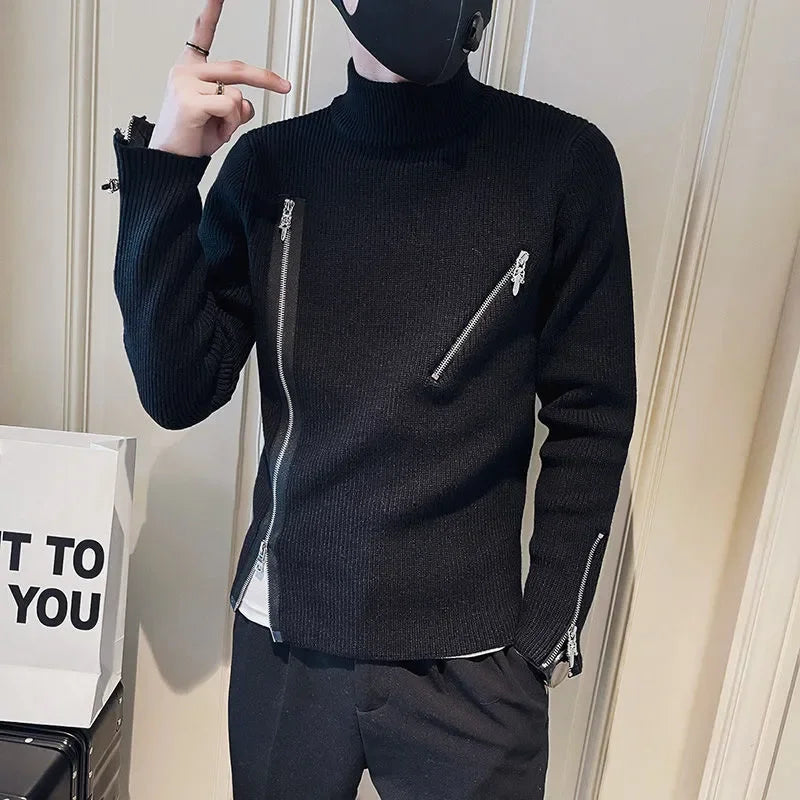 Motorcycle Men s Clothing Turtleneck Pullovers Zipper Knit Sweater Male High