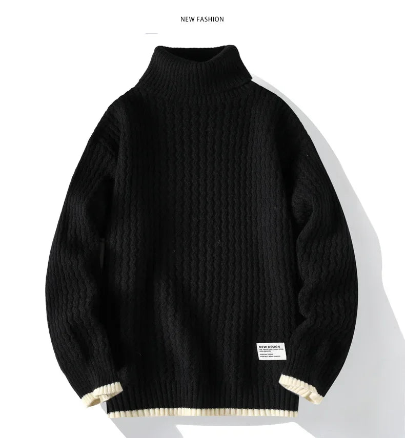 Thickened Loose Men s Knitted Sweater Autumn Winter High Collar Cable Knit Casual Outerwear Base
