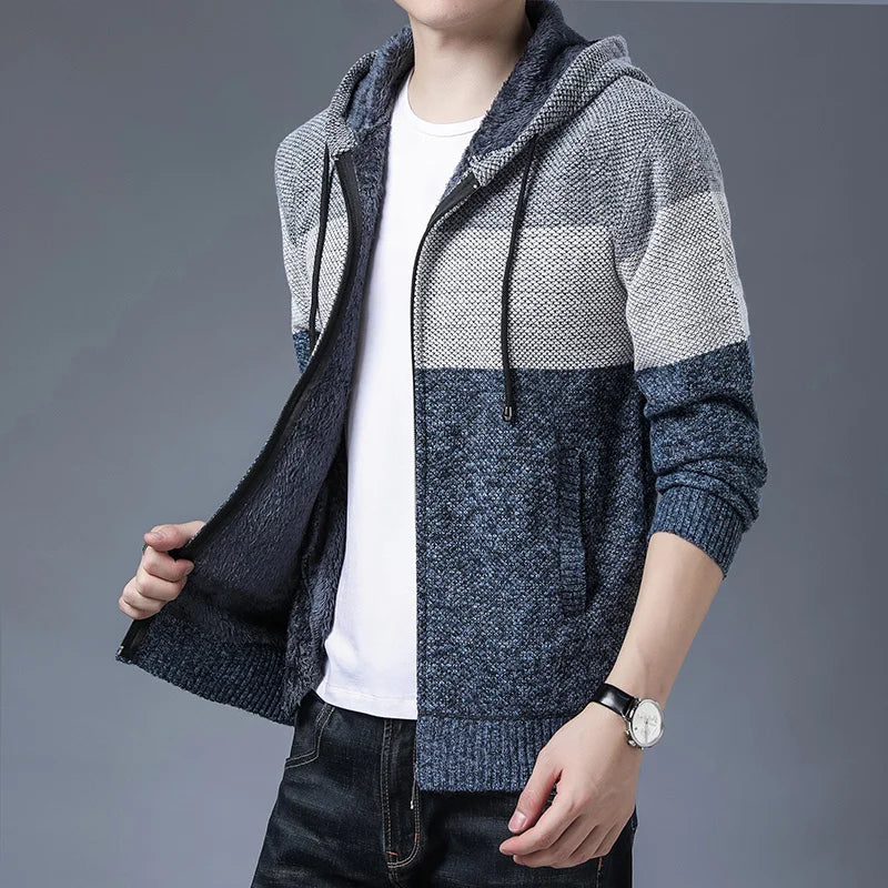 Men s Casual High Neck Long Sleeve Knitted Hoodie Coat Velvet Warmth Autumn Winter Fashion Multi