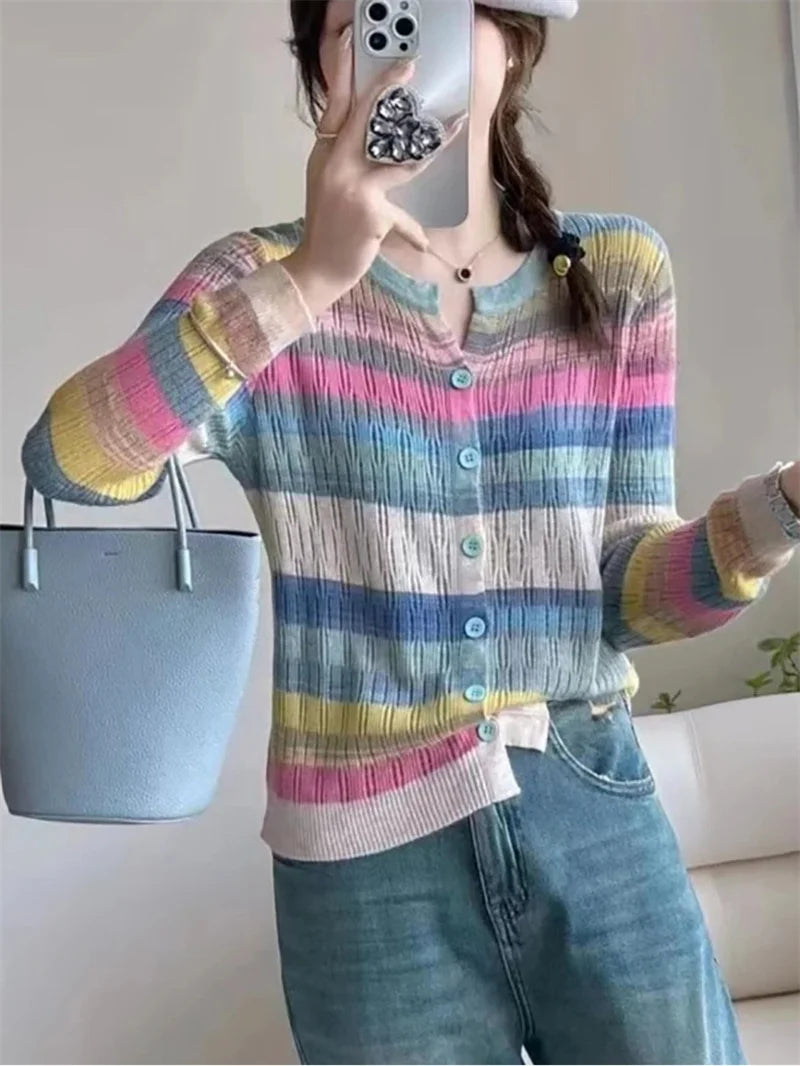 Herfst Dames Trui Koreaans Kort Mode Stikwerk gestreept Breiwerk Cardigan